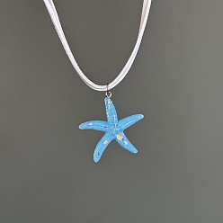Темно-Голубой Подвеска в виде морской звезды из богемной смолы, двойные нити, белый шнур из искусственной кожи, ожерелья для пляжа, глубокое синее небо, 15.75 дюйм (40 см)