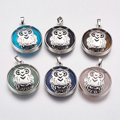 Mixed Stone Natural & Synthetic Gemstone Pendants, with Platinum Tone Brass Findings, Flat Round with Owl, 31.5x27x6mm, Hole: 5x8mm