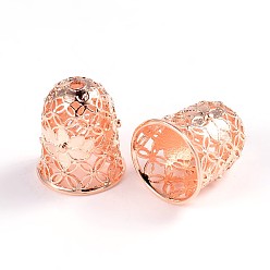 Розовое Золото Полый колокольчик с цветочными латунными концами, Торцевые крышки, розовое золото , 15x12 мм, отверстие : 2 мм, внутренний диаметр: 9 мм