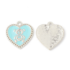 Pale Turquoise Alloy Enamel Pendants, Heart with Bear Pattern Charm, Platinum, Pale Turquoise, 21x19x1.7mm, Hole: 2mm