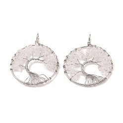 Хрусталь Природный кристалл кварца большие подвески, с платиновой и латунной фурнитурой, долговечный, без свинца и без кадмия, плоские круглые с деревом, 62x49x6~13 мм, отверстие : 7x4 мм