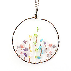 Смешанные камни Чакра, натуральная смешанная каменная крошка, медная проволока, обернутая большими подвесками, железные кольца, подвески с драгоценными камнями, Красная медь, 127.5x103x2 мм, отверстие : 7 мм