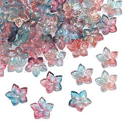 Темно-Голубой Двухцветная прозрачная крышка из стеклянной бусины, 5-лепестков цветка, с блеском порошок, глубокое синее небо, 12x12.5x4 мм, отверстие : 1.5 мм