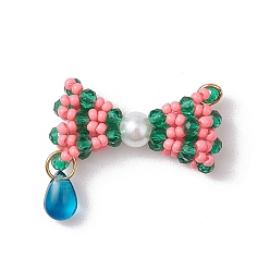 Разноцветный Подвески-бантики из стеклянных бус, с 304 кольцами из нержавеющей стали и каплевидными, красочный, 25.5x28.5x8 мм, отверстие : 3 мм