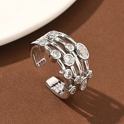 Платина Открытые кольца манжеты из латуни с микропаве и кубическим цирконием, без кадмия и без свинца, долговечный, стойки покрытие, платина, 12 мм, внутренний диаметр: 17 мм