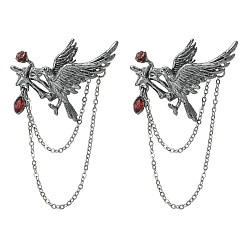 Gunmetal 2Pcs Gothic Style Crow with Rose Alloy Rhinestone Hanging Chain Brooches, Gunmetal, 47.5x35mm
