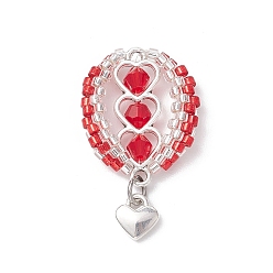 Красный Подвески из стеклянных бусин в виде воздушных шаров, с подвесками в виде сердечек из сплава и 304 открытыми соединительными кольцами из нержавеющей стали, красные, 33.5x16.5~19.5x6.5 мм, отверстие : 1.5 мм