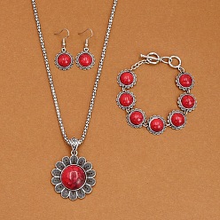 Красный Ожерелья, серьги-подвески и браслеты из цветочного сплава с синтетической бирюзой, античное серебро, красные, 19.29 дюйм (490 мм)