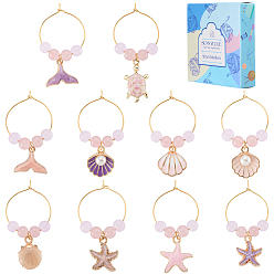 (52) Непрозрачная лаванда 20 шт. 10 стили океанская тема сплав эмаль бокалы для вина подвески, со стеклянными бусинами и латунным кольцом-подвеской для бокала для вина, разноцветные, 46~55 мм, 2 шт / стиль