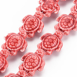 Индийский Красный Бусины из фарфора и керамики ручной работы, Famille выросли стиле, черепаха, Индийская красная, 19.5x15x8 мм, отверстие : 1.8 мм, около 17~18 шт / нитка, 11.42~12.24 дюйм (29~31.1 см)