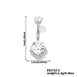 Платина Кольца для пупка из геометрической латуни с прозрачным кубическим цирконием в форме ромба и изогнутой штангой для женщин в подарок, платина, 30x12 мм