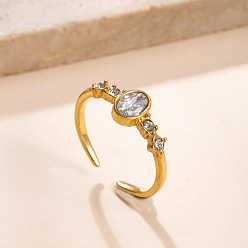 Claro 304 Anillos abiertos de acero inoxidable con micro pavé de circonitas cúbicas, oval, dorado, Claro, Tamaño estadounidense 4 1/4(15mm)~20mm
