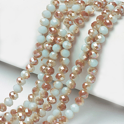 Лазурный Гальванизировать непрозрачные сплошной цвет стеклянные бусы пряди, с половиным покрытием, с покрытием цвета радуги, граненые, рондель, лазурный, 8x6 мм, отверстие : 1 мм, около 65~68 шт / нитка, 15.7~16.1 дюйм (40~41 см)