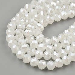 Creamy White Electroplate Glass Beads Strands, Imitation Jade Beads, Pearl Luster Plated, Faceted, Rondelle, Creamy White, 6x5mm, Hole: 1mm, about 87~90pcs/strand, 17~17.5 inch(42.5~43.75cm)
