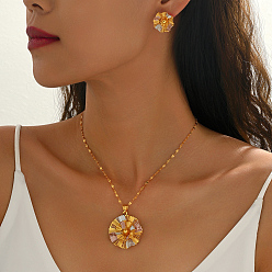 (52) Непрозрачная лаванда Комплекты из винтажных латунных серег-гвоздиков и ожерелий с подвесками в виде цветов для женщин, разноцветные, ожерелья: 15.35 дюйм (39 см)