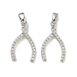 Платина Латунные микропаве прозрачные подвески с фианитом, подвески в виде вилочки, платина, 20x11.5x3.5 мм, отверстие : 2.5x5 мм