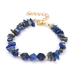 Lapis Lazuli Natural Lapis Lazuli Beaded Bracelets, with Brass Beads and Lobster Claw Clasps, Nuggets, 7-1/8 inch(18cm)