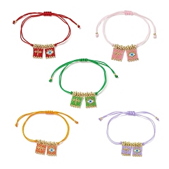Mixed Color Handmade Japanese Seed Rectangle with Cross & Evil Eye Charm Bracelets, Adjustable Bracelet for Women, Mixed Color, Maximum Inner Diameter: 3-1/2 inch(9cm)