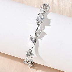 Прозрачный Браслеты-цепочки из латуни с микропаве из кубических цирконий овальной и листовой формы для женщин, стойки покрытие, долговечный, без кадмия и без свинца, прозрачные, 7-7/8 дюйм (20 см)