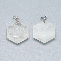 Quartz Crystal Natural Quartz Crystal Pendants, with Brass Findings, Hexagon, Platinum, 28x25x9.5mm, Hole: 4mm