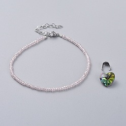 Бледно-Розовый Electroplate стеклянные бусы сандалеты, с 304 сердечными звеньями из нержавеющей стали, застежками из лобстера и защелками, Сердце из стекла подвески, розовый жемчуг, 8-7/8 дюйм (22.5 см)