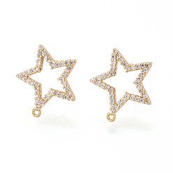 Настоящее золото 18K Фурнитура для сережек-гвоздиков в форме звезды с микропаве из латуни и прозрачными кубическими цирконами, без никеля , с петлей, реальный 18 k позолоченный, 14.5x13.5 мм, штифты : 0.8 мм