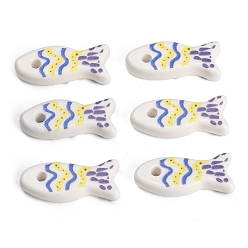 Royal Blue Printed Handmade Porcelain Pendants, Fish Charms, Royal Blue, 26.5x11x6.5mm, Hole: 2.5mm