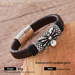 Spider Vintage Braided PU Leather 304 Stainless Steel Bracelets with Magnetic Clasps for Men, Stainless Steel Color, Coconut Brown, Spider, Inner Diameter: 2.76 inch(7cm)