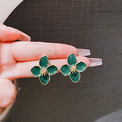 чирок Серьги-гвоздики из сплава эмали с латунными штифтами, цветок, золотые, зелено-синие, 26x26 мм