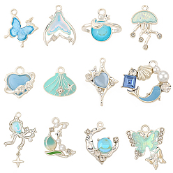 Темно-Голубой 24шт. подвески из сплава со стразами и эмалью, с искусственным жемчугом из АБС и смолой, серебряные, очарование морских животных, глубокое синее небо, 13~32x13.5~20.5x3~8 мм, отверстие : 1~2 мм