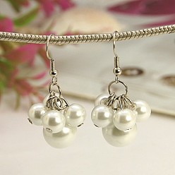 Белый Кластерные серьги моды стекла жемчужные, с  латунными крючками для серег, белые, 43 мм