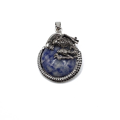 Blue Spot Jasper Natural Blue Spot Jasper Pendants, with Antique Silver Alloy Finding, Flat Round with Skull Charms, 40x35mm
