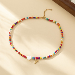 Letter Y Ожерелья из круглых бусин в форме сердца из натуральных ракушек и разноцветных стеклянных семян, ожерелья шкентеля, 304 колье из нержавеющей стали, золотые, Письмо Y, 15.35 дюйм (39 см)