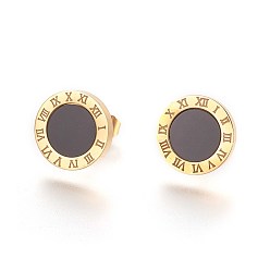Golden 304 Stainless Steel Stud Earrings, with Resin, Flat Round with Roman numerals, Golden, 12x2mm, Pin: 0.8mm