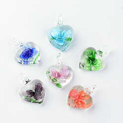 Mixed Color Handmade Luminous Lampwork Pendants, with Inner Flower, Heart, Mixed Color, 27~33x21~23x9~11mm, Hole: 4~7mm