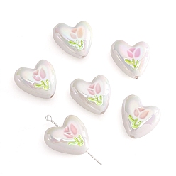 (404) Непрозрачное AB Кислое яблоко 2шт. УФ-покрытия акриловые бусины, сердце с тюльпаном, с эмалью, цветочный белый, 20x19 мм, отверстие : 2 мм