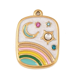 Золотой 304 подвески из нержавеющей стали, прямоугольник с лунными подвесками, с эмалью и горный хрусталь, золотые, 23.5x16.5x2.5 мм, отверстие : 1 мм