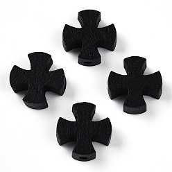 Черный Природных шарики древесины, окрашенные, крестик, чёрные, 13~13.5x13~13.5x4.5~5 мм, отверстие : 1.6~1.8 мм