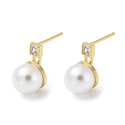 Настоящее золото 18K Серьги-гвоздики из латуни с микропаве и кубическим цирконием, покрытие стойки, круглые серьги-капли из пластика с жемчугом, долговечный, без свинца и без кадмия, реальный 18 k позолоченный, 15x11 мм