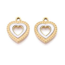 Белый 304 нержавеющей стальной эмали подвески, сердце прелести, ионное покрытие (ip), долговечный, золотые, белые, 15x12x2 мм, отверстие : 1.2 мм