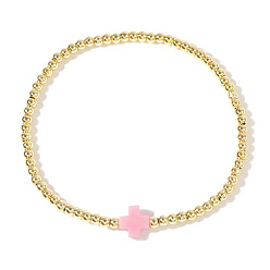 Бледно-Розовый Латунные круглые бусины эластичные браслеты, Украшения для женщин: крестик из смолы., реальный 18 k позолоченный, розовый жемчуг, 6.89 дюйм (17.5 см)