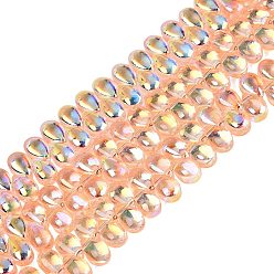 Saumon Clair Plaquent verre transparent perles brins, larme, de couleur plaquée ab , demi-plaqué, top foré, saumon clair, 8.5~9x5.5~6x5~6mm, Trou: 0.8~0.9mm, Environ 95~101 pcs/chapelet, 11.81~13.39 pouce (30~34 cm)