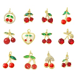 Настоящее золото 18K 12 шт 12 стили латунные подвески из микропаве с фианитом, вишня, реальный 18 k позолоченный, 14.5~20x12~19.5x2~8 мм, отверстие : 3~3.6 мм, 1 шт / стиль