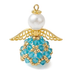 Темно-бирюзовый Стеклянные подвески, ангельское очарование, с фурнитурой из сплава и железной петлей, граненые, темные бирюзовый, 34x30.5x18 мм, отверстие : 1.6 мм