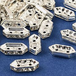 Серебро Латунные хрустальные стразы, разделительные планки, 2-луночное, шестиугольник, серебряные, 11x2.5x4.5 мм, отверстие : 0.9 мм