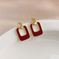 Темно-Красный Прямоугольные серьги-гвоздики из сплава с эмалью, золотые, темно-красный, 25x13 мм