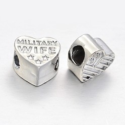 Silver Alloy European Beads, Large Hole Heart Beads, Long-Lasting Plated, with Words Military Wife, Silver Color Plated, 10x11x6mm, Hole: 4mm