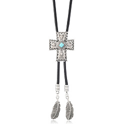 Cross Галстук-боло из сплава с подвеской из синтетической бирюзы, ожерелье-лариата из вощеного шнура, античное серебро, чёрные, крестик, 17.72~31.5 дюйм (45~80 см), Кулон : 47x38 мм