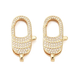 Настоящее золото 18K Овальные застежки-лобстеры из латуни с микропаве из прозрачного кубического циркония, без кадмия, без никеля и без свинца, реальный 18 k позолоченный, 28.5x14.5x5.5 мм, отверстие : 2.8 мм