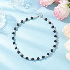 Черный Ожерелья из круглых бусин из запеченного стекла с перламутровым покрытием для женщин, с 304 концевыми цепями из нержавеющей стали, цвет нержавеющей стали, белые, чёрные, 17.72 дюйм (45 см)